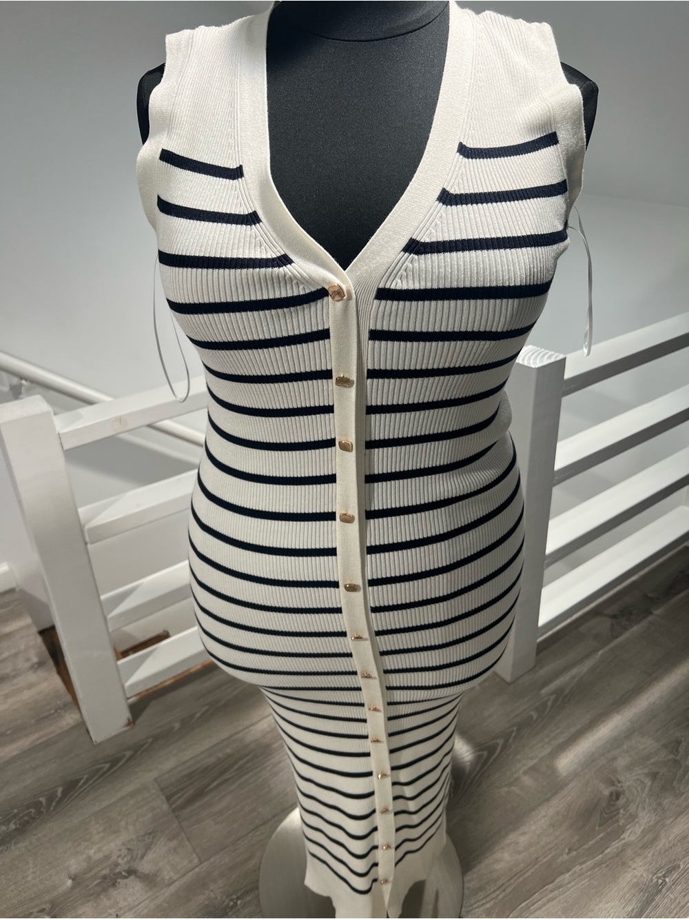 NWT French Connection White & Navy Striped Sleeveless Button-Front Midi Dress